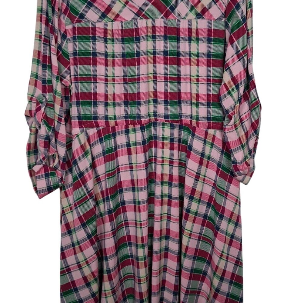 Torrid Dress Size 3 Plus Size 3X Pink Green Blue Pliad Roll Sleeve Midi Zip - Picture 2 of 16